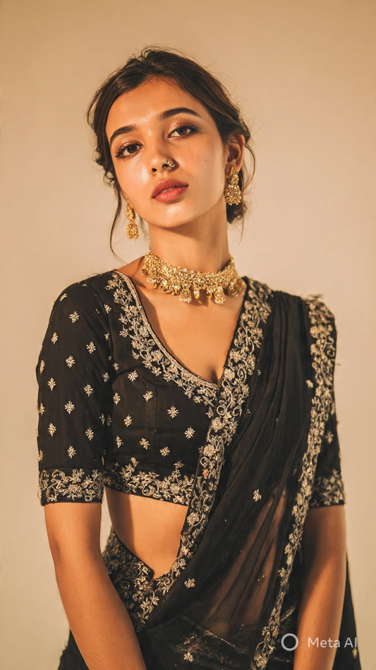 Midnight Bloom Embroidered Saree