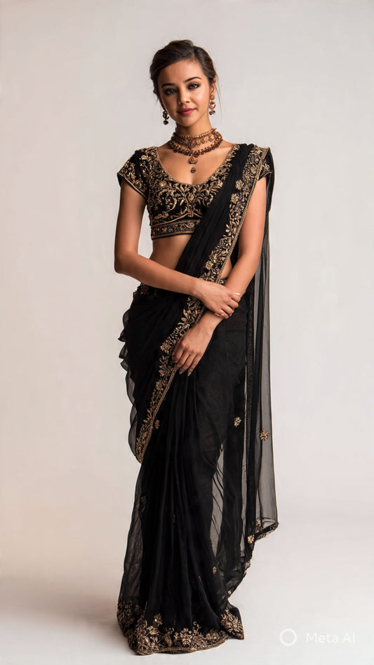 Midnight Bloom Embroidered Saree