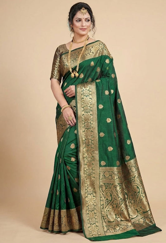 Traditional Green Banarasi Silk Jacquard Saree with Unstitched Blouse